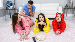 Onesie Foursome With Stepsister's Friends On Movie Night