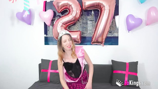 Skinny Babe Has A Very Special Birthday Party With Her Gangbang!